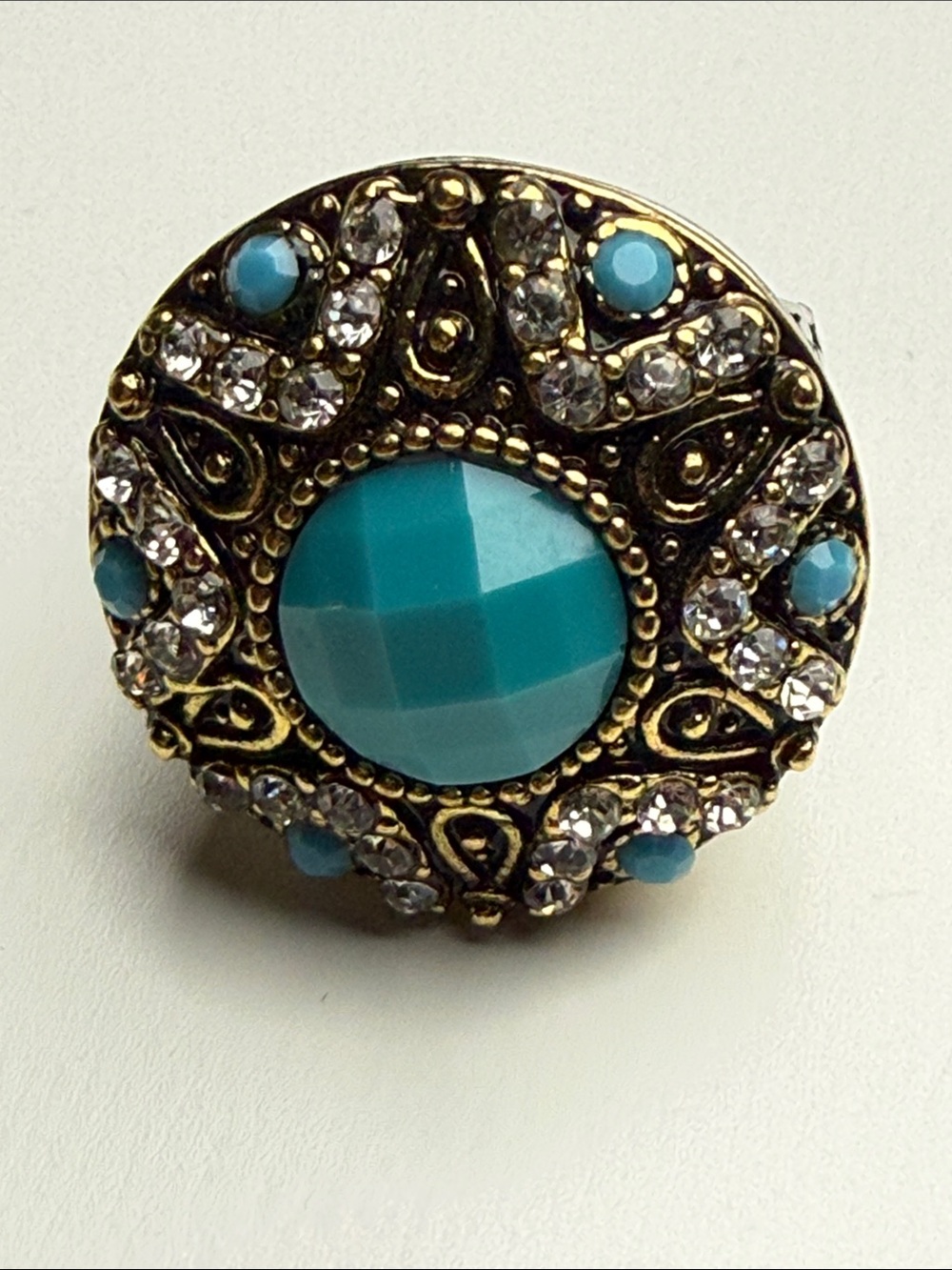 Turquoise acrylic Vintage mixed metal Round Cocktail Ring 6.5 rhinestone dome